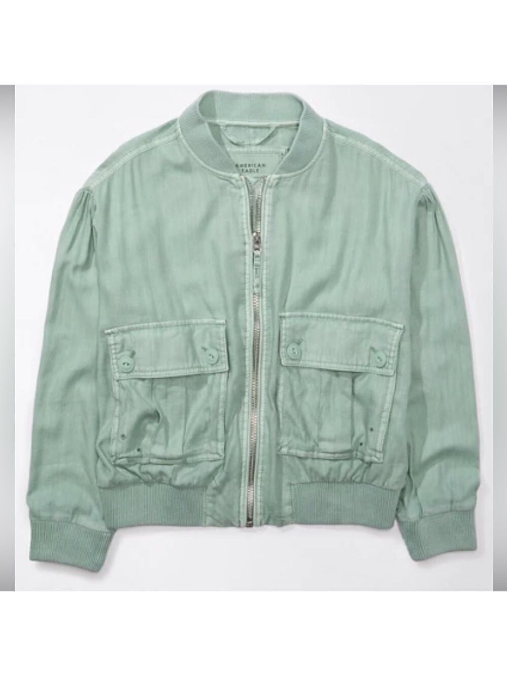 American Eagle-Linen-Blend Cropped Bomber Jacket-Size Small-Moss Grey